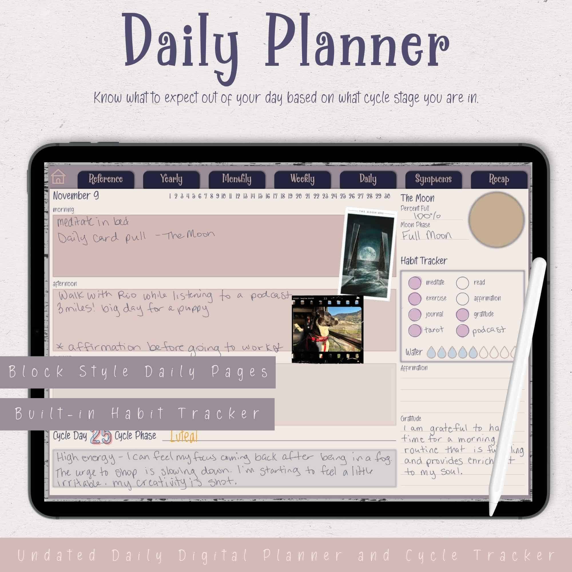 A digital cycle syncing daily planner being shown in use with a daily planner layout on display in cream and rose colors.