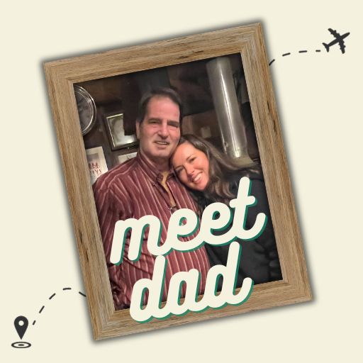 A rustic wooden picture frame showing a picture from the first time I am meeting my biological dad. There is a location icon with dashes leading to an airplane.