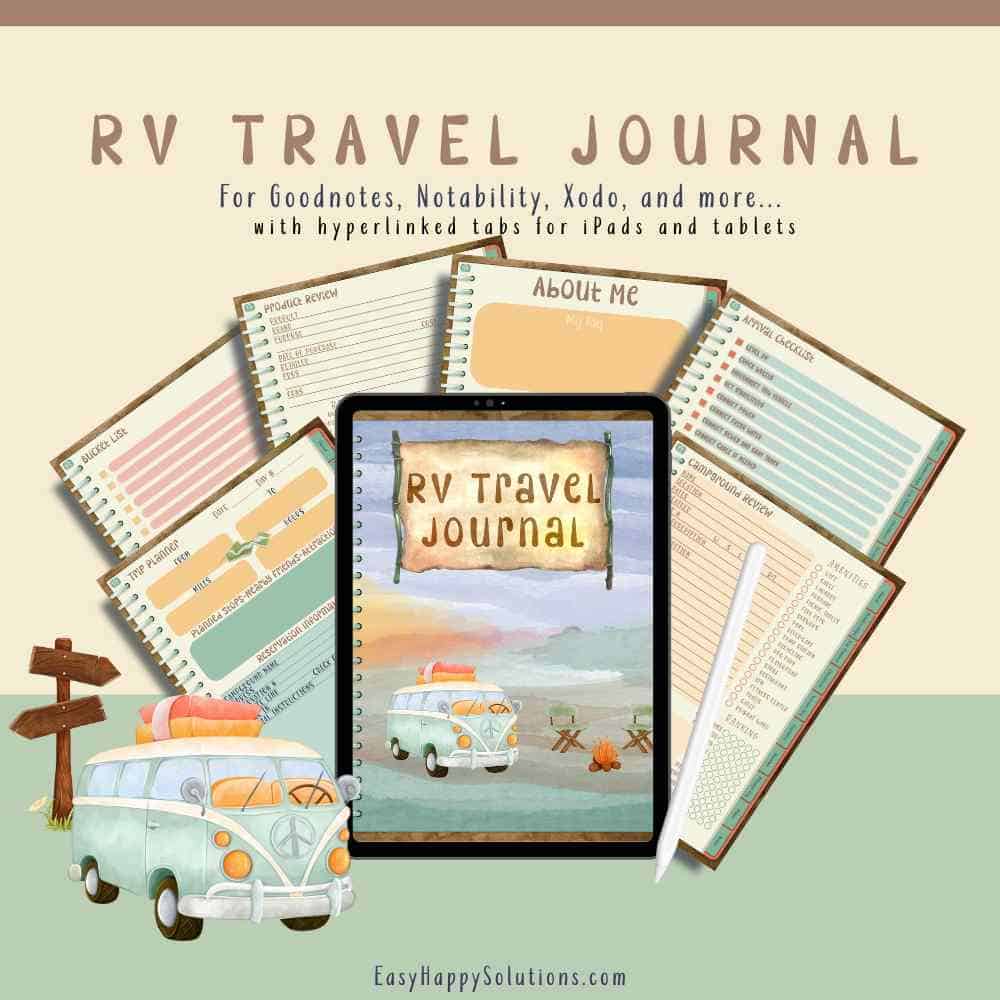 Cream and green background with example pages from a digital journal about rv travel and trip planner.