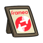 This is a graphic of a wooden picture frame containing the red logo of the brand Frameo.