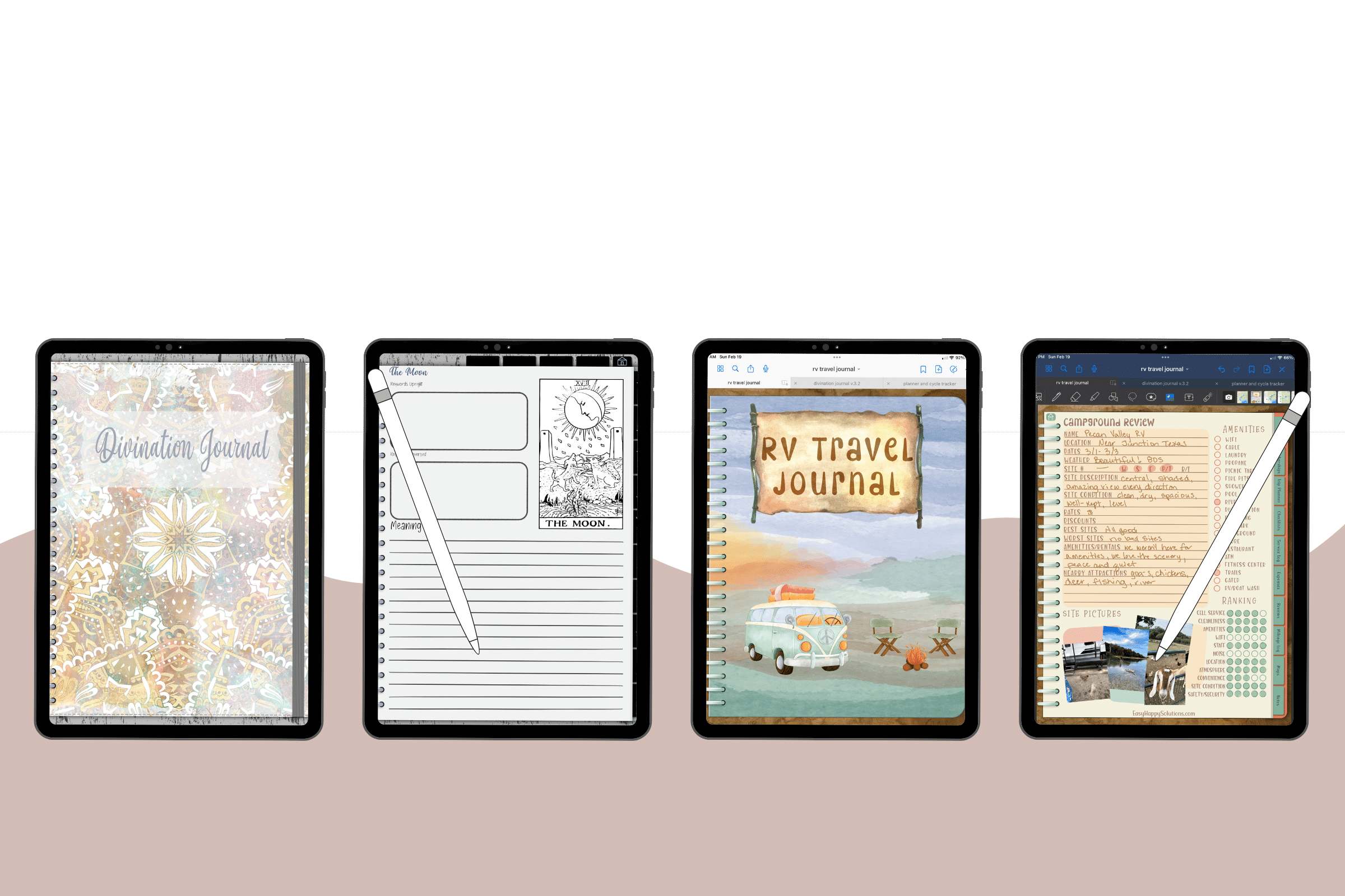 Pink background with four tablets showcasing digital journals for rv travel and tarot.